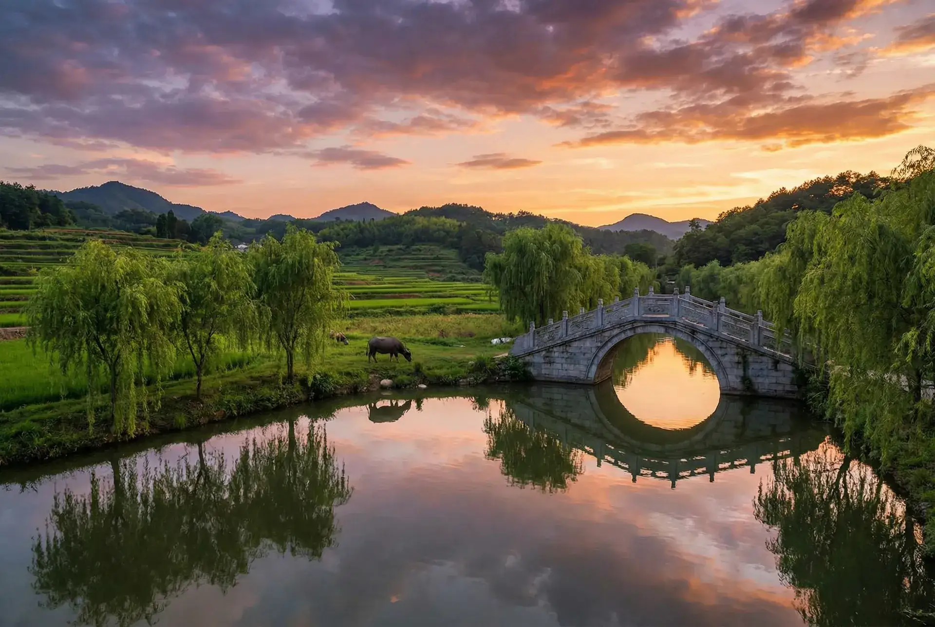 夕阳下的石拱桥与垂柳，水牛在河边吃草 - WRITE AS 夹东西上课 乡村美景